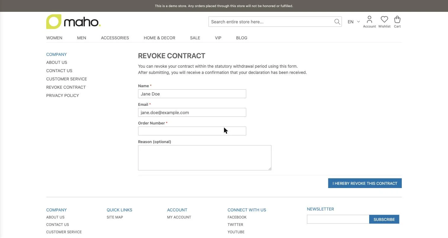 The revocation form on the storefront