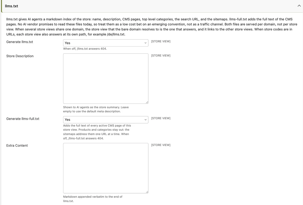 The llms.txt configuration group in the Maho admin