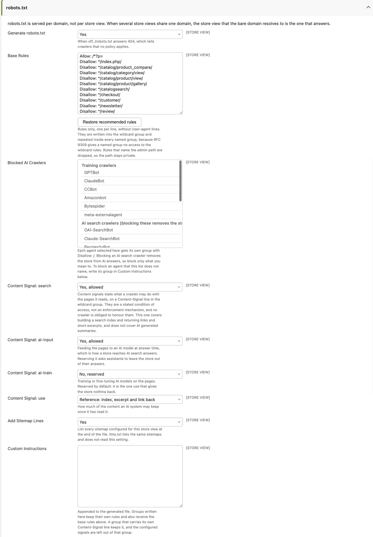 The robots.txt configuration group in the Maho admin