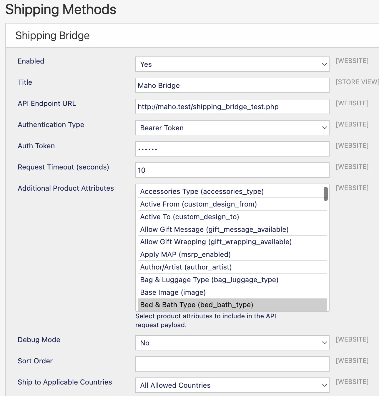 Shipping Bridge configuration in the admin panel