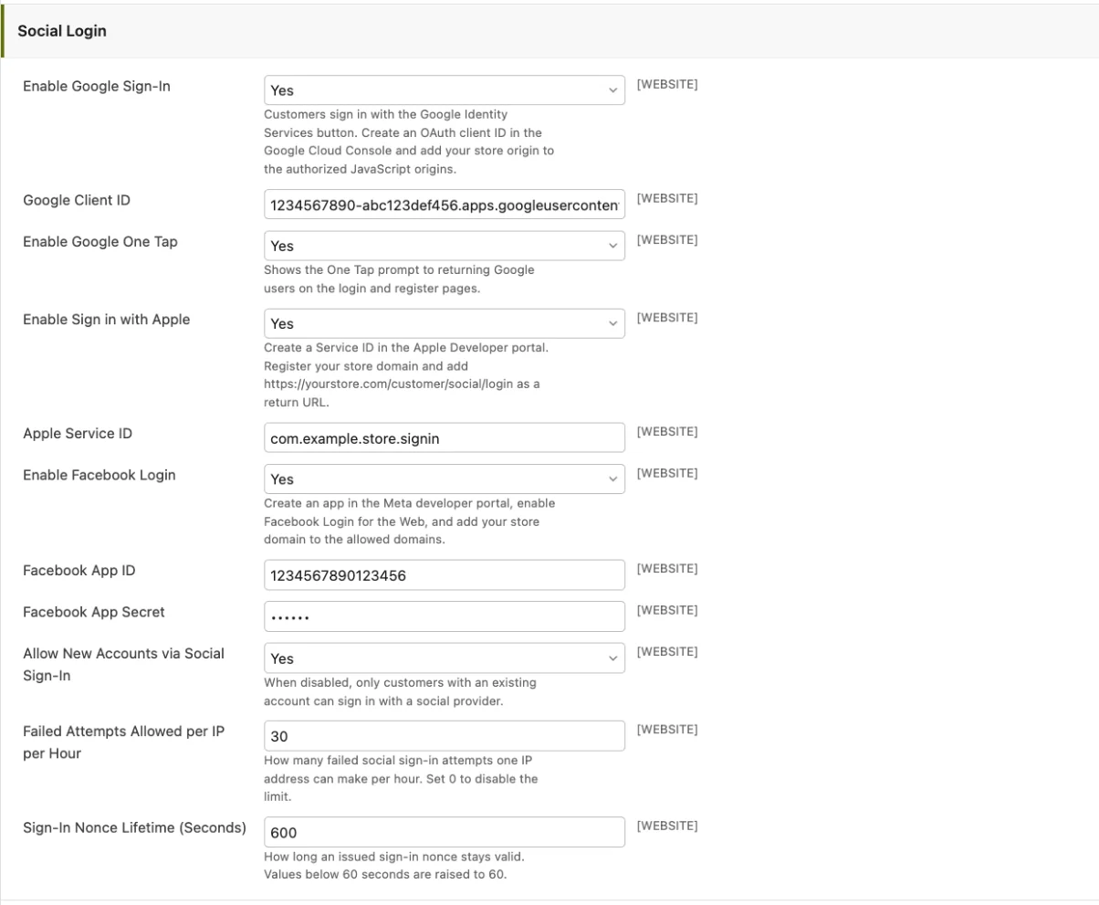The Social Login configuration group in the Maho admin